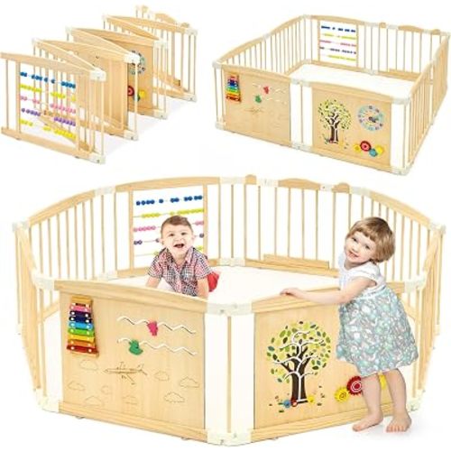 Wooden Baby Playpen, Foldable Play Yard with Built-in Toys 63"x24"