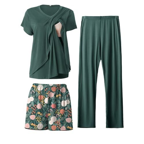 Rnxrbb V Neck Nursing Pajamas Set 3 Pack Postpartum Pjs Breastfeeding Sleepwear for Women Double Layer with Pockets