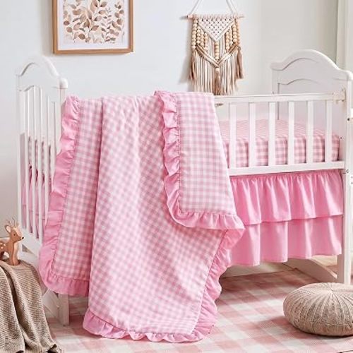3 Pcs Pink Gingham Crib Bedding Set for Baby Girls & Boys