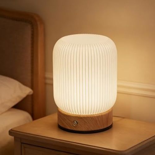 LONRISWAY Rechargeable 3D Print Lampshade Wood Base Touch Control Desk Lamp 3 Color Temperature Dimmable 2000mAh Battery Type-C Charging for Bedroom Bedside Desktop