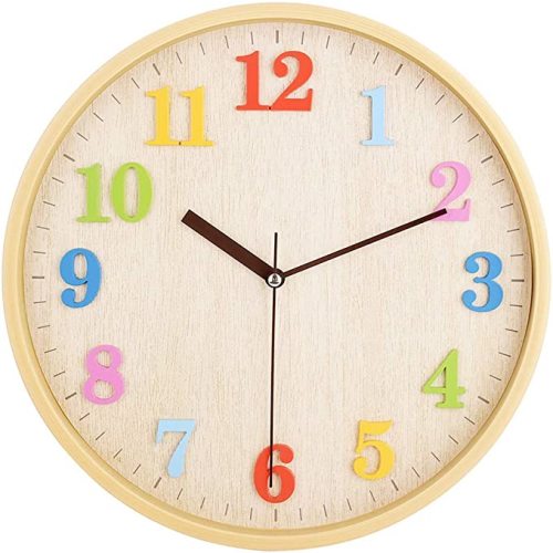 Topkey 12" Wooden Look Wall Clock Silent Non-Ticking 3D Numbers Colorful Decorative Round Clock for Living Room, Bedroom and Office Battery Not Included - Light Brown