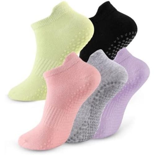 5 Pairs Pilates Socks with Grips for Women Non Slip Grip Yoga Crew Socks for Barre Hospital Barefoot Workout