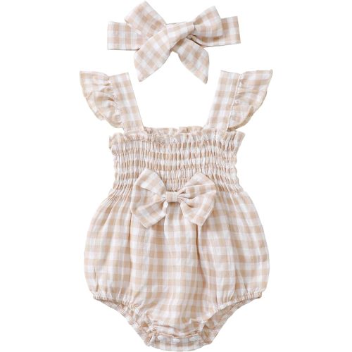 Renotemy Newborn Infant Baby Girl Clothes Rompers Summer Jumpsuits Short Sleeve Romper Infant Baby Clothes Girl - Plaid Apricot Bow - 0-3 Months