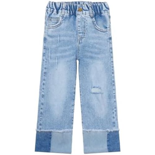 Mud Kingdom Girls Jeans with Elastic Waist Pull On Wide Leg Pants Denim Blue Loose Stretch