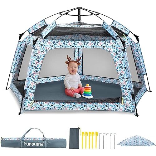 Baby Playpen Pop-up Tent - Outdoor & Indoor Play Tent for Beach with Canopy Travel Bag Portable Play Yard for Babies & Toddlers (Ocean)