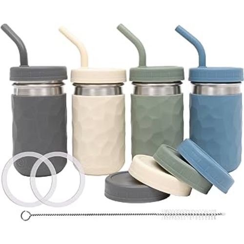 WeeSprout 2-in-1 Drinking Cups for Kids, Durable Stainless Steel Tumbler for Smoothies, Silicone Straws with Stoppers, Premium Plastic Twist Lids, Easy-Grip Sleeves, Set of 4 Dishwasher Safe Kid Cups