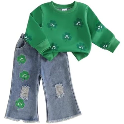 FYBITBO Toddler Baby Girl Clothes Fall Winter Baby Girl Outfit Floral Crewneck Sweatshirt Bell Bottom Jeans Pants Set