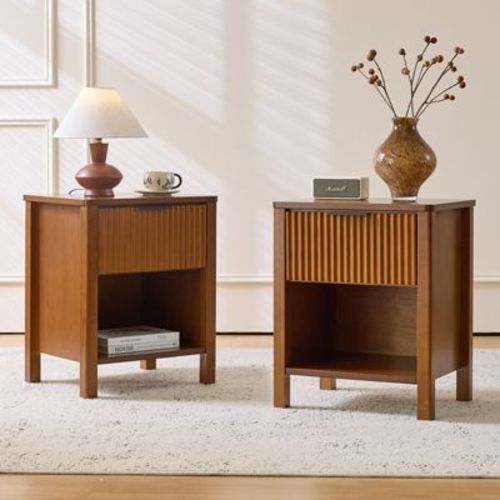 Bekrvio Single Fluted Nightstand with Drawer,Mid Century Modern Rubberwood End Table Space-Saving Open Shelf for Bedroom Living Room, Brown