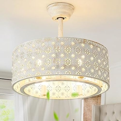 20" Boho Ceiling Fans with Lights, Gold Crystal Fandelier Ceiling Fan with Light Remote Control, Cage 6-Speed for Bedroom, Nursery, Foyer, Living Room