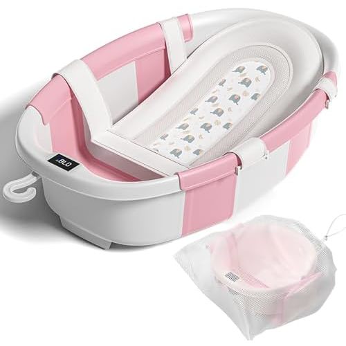 Collapsible Baby Bathtub with Soft Cushion and Thermometer, Newborn to Toddler Tub 0-36 Months with Toy Storage Mesh Bag, Portable Travel Bath for Infants (Pink)