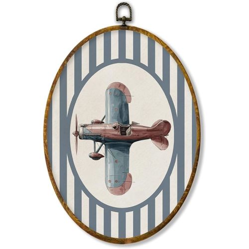 XPH Airplane Nursery Oval Wall Art Framed, Kids Oval Wall Decor Accents, Blue Striped Aviation Plane Hanging Canvas Prints for Home Kids Boy Nursery Room Bedroom Playroom Decoration, 8.6x11.4 Inch