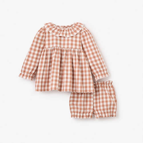 Rust Gingham Woven Ruffle Collar Dress & Bloomers
 – Elegant Baby