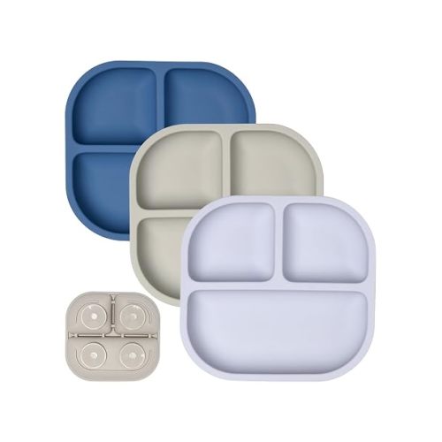 Babelio Powerful Suction Plates for Baby and Toddler, 100% Food Grand Silicone, Divided, BPA Free, Microwave & Dishwasher Safe, Stay Put, 3 Pack