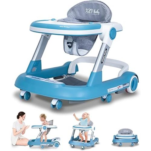 Baby Walker with Wheels 4 in 1 Foldable Activity Center with Mute Wheels Adjustable Heights Anti-Fall Activity Center for Boys Girls Safe Infant Toddler Walker with Footrest for 6-24 Months