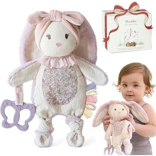 Moonkie Baby Lovey with Silicone Teether, Bunny Security Blanket with Textured Ribbons, Crinkle Toys, Soft Minky Velour & Natural Cotton, Newborn Girl Gift for Baby Shower or Birthday