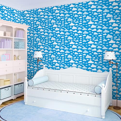 Feifeiya Cartoon Wallpaper Peel and Stick Blue Sky White Clouds Removable Wallpaper Vinyl Self Adhesive Cartoon Room Decor Photo Background for Room Playroom Nursery Wall Decorations 17.7x118 Inch