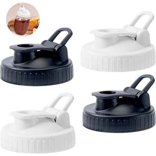 4 Pack Regular Mouth Mason Jar Pour Spout, Mason Jar Pitcher Lids with Leakproof Airtight Flip Cap, Reusable Plastic Canning Lids for Drinking Salad Dressing Pouring, Jar Lids, Black & White