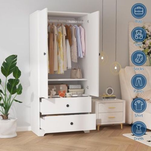 71" Armoire Wardrobe Closet, Modern Wood Storage Cabinet with 2 Drawers 2 Doors Adjustable Shelves, Hanging Rod Clothing Organizer