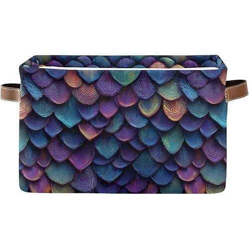 Foldable Canvas Storage Basket with Handles Dragon Scale Durable Storage Bin Organizer for Nursery Kids Shelves Desks Printed Canvas Storage Basket