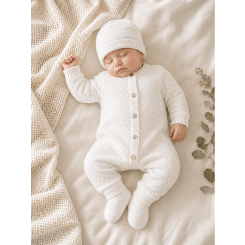 Milan Dove White Lux Jacquard Knit Baby Jumpsuit+Hat+Bootie (3pc SET)