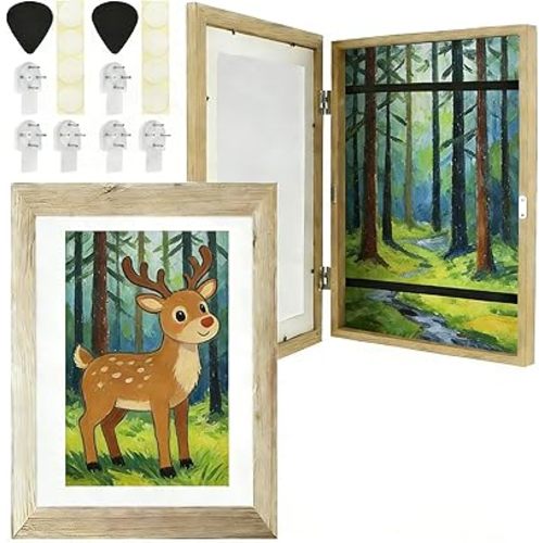 2Pcs Kids Art Frame Changeable 8.5x11 Letter Size Display with Mat Kids Artwork Frame Front Opening Artwork Frames for Kids Art Decorative Art Frames for Kids Art Holds 50-100 Works of Art for Hanging,Wood Grain