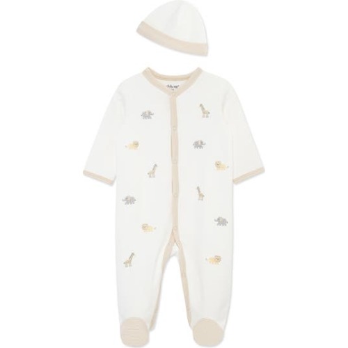 Jungle Schiffli Embroidered Cotton Snap Footie & Hat Set, Newborn