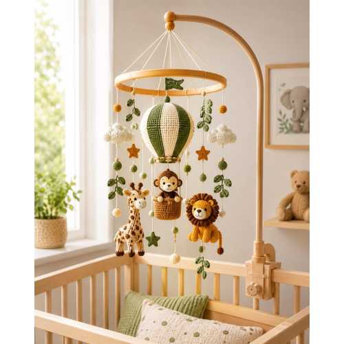 Safari Hot Air Balloon Crochet Baby Mobile, Giraffe Monkey Lion Nursery Mobile, Neutral Green Crib Mobile, Baby Shower Gift