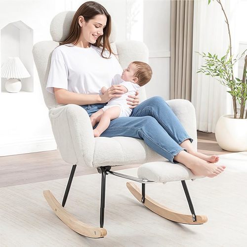 Nursing Rocking Chair with Foot Rest, Modern Nursery Chair for Breastfeeding and Relaxing, Upholstered Glider with Head Support, High Back Ergonomic Design for Nursing Mom and Baby, White