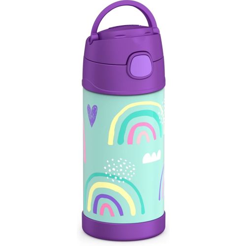 THERMOS FUNTAINER Water Bottle with Straw - 12 Ounce - Kids Stainless Steel Vacuum Insulated Water Bottle with Lid, Rainbows