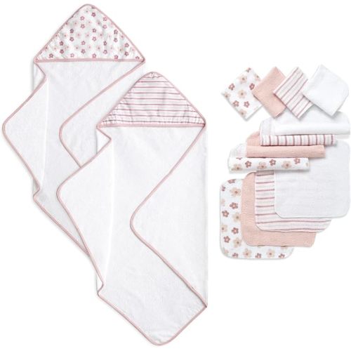 Dream On Me 14-Piece Baby Hooded Towel & Washcloth Set in Blush Pink Floral