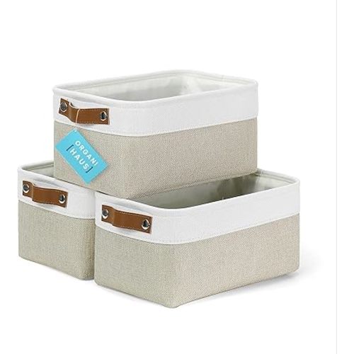 OrganiHaus Small Fabric Storage Baskets for Shelves 3 Pack, 12x08in Closet Storage Bins for Shelves, Canvas Baskets for Organizing, Linen Closet Organizers, Cloth Basket, Beige/Off-White