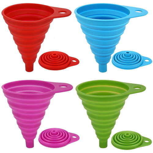 Set of 4 Silicone Collapsible Funnel Set, Small Foldable, Flexible Kitchen Funnel for Liquid Transfer