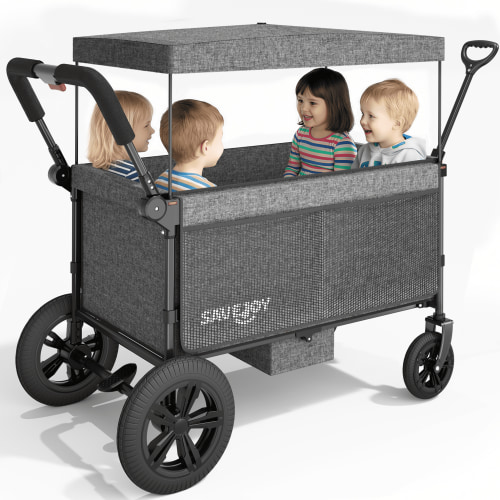 SaveJoy Wagon Stroller, Collapsible Stroller Wagon for 4 Passenger with Adjustable Canopy & 5-Point Harness, Grey