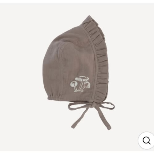 embroidered small ruffle bonnet | dark truffle | organic cotton gauze