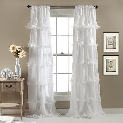 Lush Decor Nerina Light Filtering Window Panel Single 54" W x 84" L White - Ruffle Curtains for Bedroom - White Curtains for Living Room - Coquette Decor