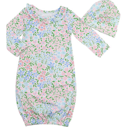 Pink And Blue Floral Knit Baby Gown And Beanie