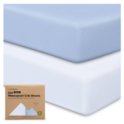 2-Pack Waterproof Baby Crib Sheets for Boys, Girls - 52x28 Viscose Derived from Bamboo Toddler Bed Sheet Neutral, Fitted Crib Mattress Protector Cover for Baby Bedding, Soft & Gentle (Blue Flax)