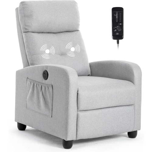 Power Massage Small Recliner Chair, Fabric Recliners for Adults, Adjustable Home Theater Seating with Lumbar Support, Modern Reclining Sofa Chair for Living Room Bedroom (Light Grey)