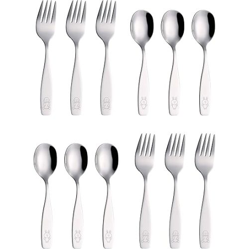 ANNOVA 12 Pieces Children's Safe Flatware/Cutlery/Silverware Set - Safe Kids Toddler Utensils Lunch Box (Engraved Dog Cat Bunny) (Stainless Steel, 12 Forks & Spoon)