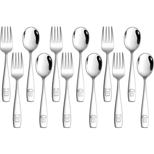 LIANYU 12 Pieces Kids Silverware Set, Stainless Steel Toddler Utensils, Food Grade Toddler 6 Forks and 6 Spoons for Self-Feeding, Metal Kids Cutlery Set with Cute Pattern, Dishwasher Safe