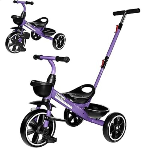 KRIDDO 2-in-1 Toddler Tricycle for Ages 18 Months to 5 Years Old - Extended Push Handle for Effortless Push, Gift Trike for Toddler 3 to 5 Year, Kids Tricycle with Foldable Front Footrest, Purple