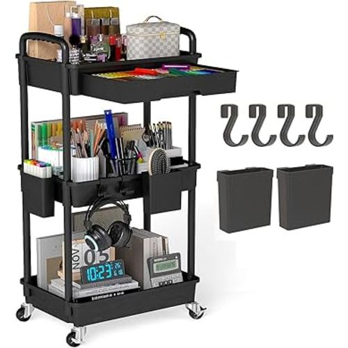 3 Tier Rolling Utility Cart with Drawer, Plastic Storage Organizer Rolling Carts with Wheels Handles Hanging Cups Hooks for Office, Bathroom, Kitchen,Craft Art Room (Black)