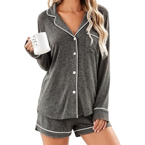 Aamikast Womens Pajama Sets Button Down Long Sleeve Sleepwear Soft 2 Piece Pjs Lounge Set