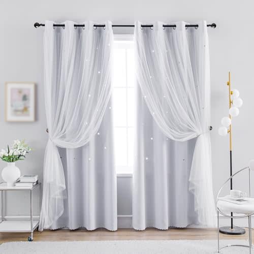 Anytime Romantic Kids Curtain,Hollow-Out Stars Window Curtain Double Layer Blackout Curtains for Girls Bedroom Kids Room 2Panel,(W52 x L63,Greyish White)