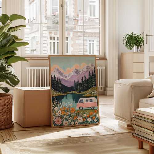 Pink Camper Van Canvas Wall Art | Retro Lake and Mountain Landscape with Wildflowers | Adventure Nature RV Travel Print