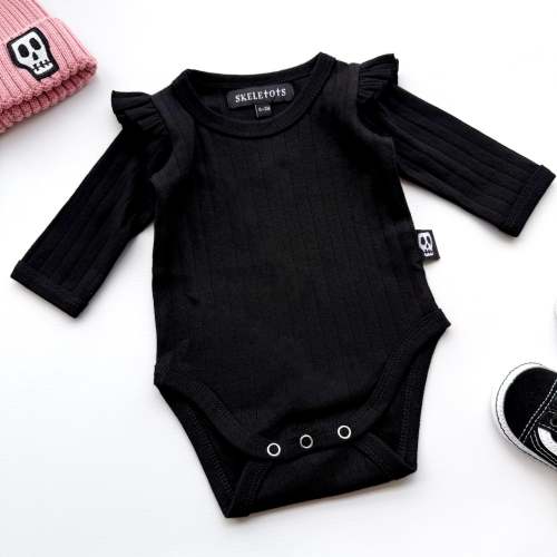 BABY POINTELLE FRILL SLEEVE BLACK BODYSUIT – Skeletots