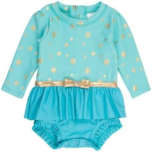 RuffleButts Baby Girls UPF50+ Princess Long Sleeve Bow Skirted One Piece Swimsuit