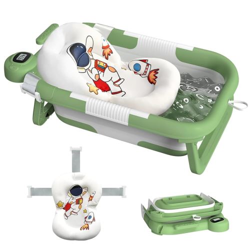 Collapsible Baby Bathtub for Newborn,Baby Tub with Soft Floating Cushion & Thermometer for Infant to Toddler, Portable Travel Bathtub with No-Slip Feet for 0-36 Months-Green