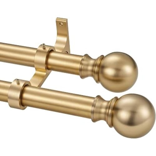 Double Window Curtain Rods, 1Inch Back and Front Rod, 36-72” Adjustable Length, With Same Size Round Finials Dual Curtain Rod, Warm Gold