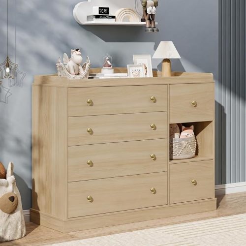 Kids Dresser Cabinet with 6 Drawers, Changing Table for Nursery with Shelf, Multi-Functional Chest of Drawers, Kids Bedroom Furniture, Nightstand for Children's Room, Natural